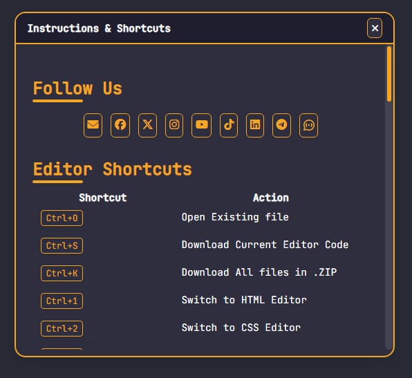Info panel with header close button, social icons, and instructions with commands