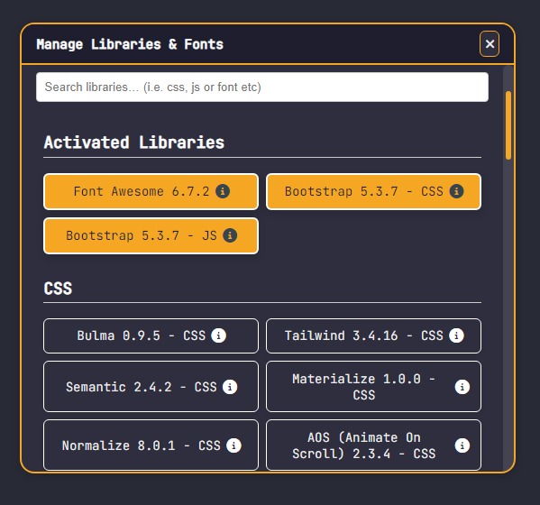 Manage Libraries and Fonts panel with close button, active CSS, JS, and font libraries.