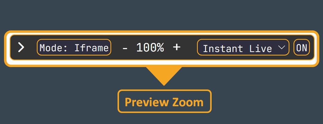 Preview zoom panel with zoom toggle, update frequency, and scroll preserve button.