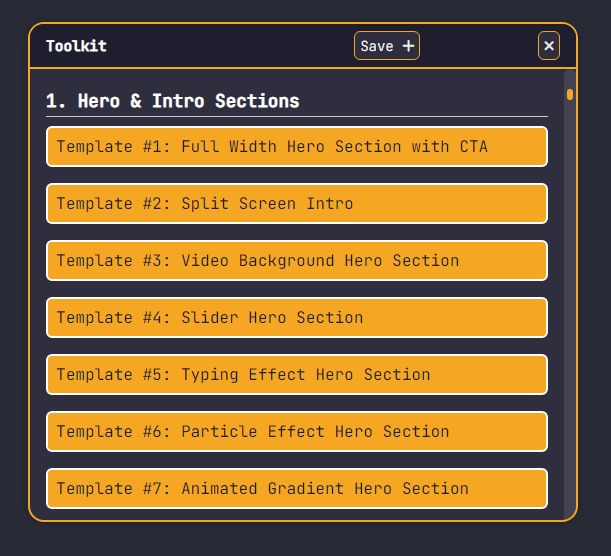 ToolKit panel with save and close buttons and templates for hero and intro sections.